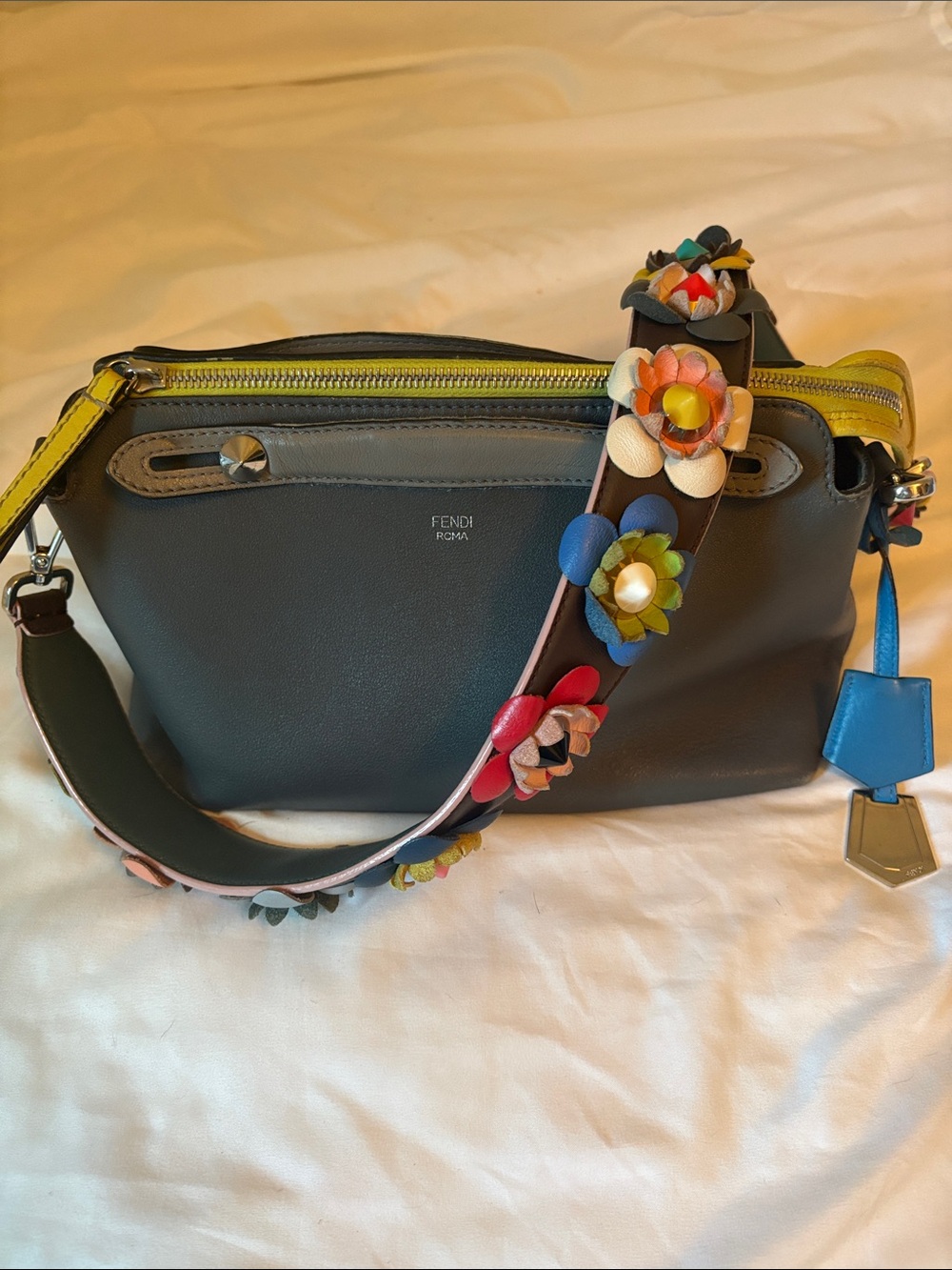 Fendi Gray Leather “by the way” Crossbody with Multicolor Floral Strap